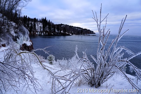 Ice coating every branch and rock high above Lake Superior