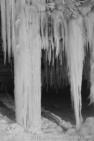 Impressive icicyle chandaliers hanging near the waterfall