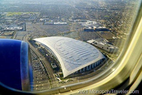 Flying over SoFi Stadium on our way into LAX